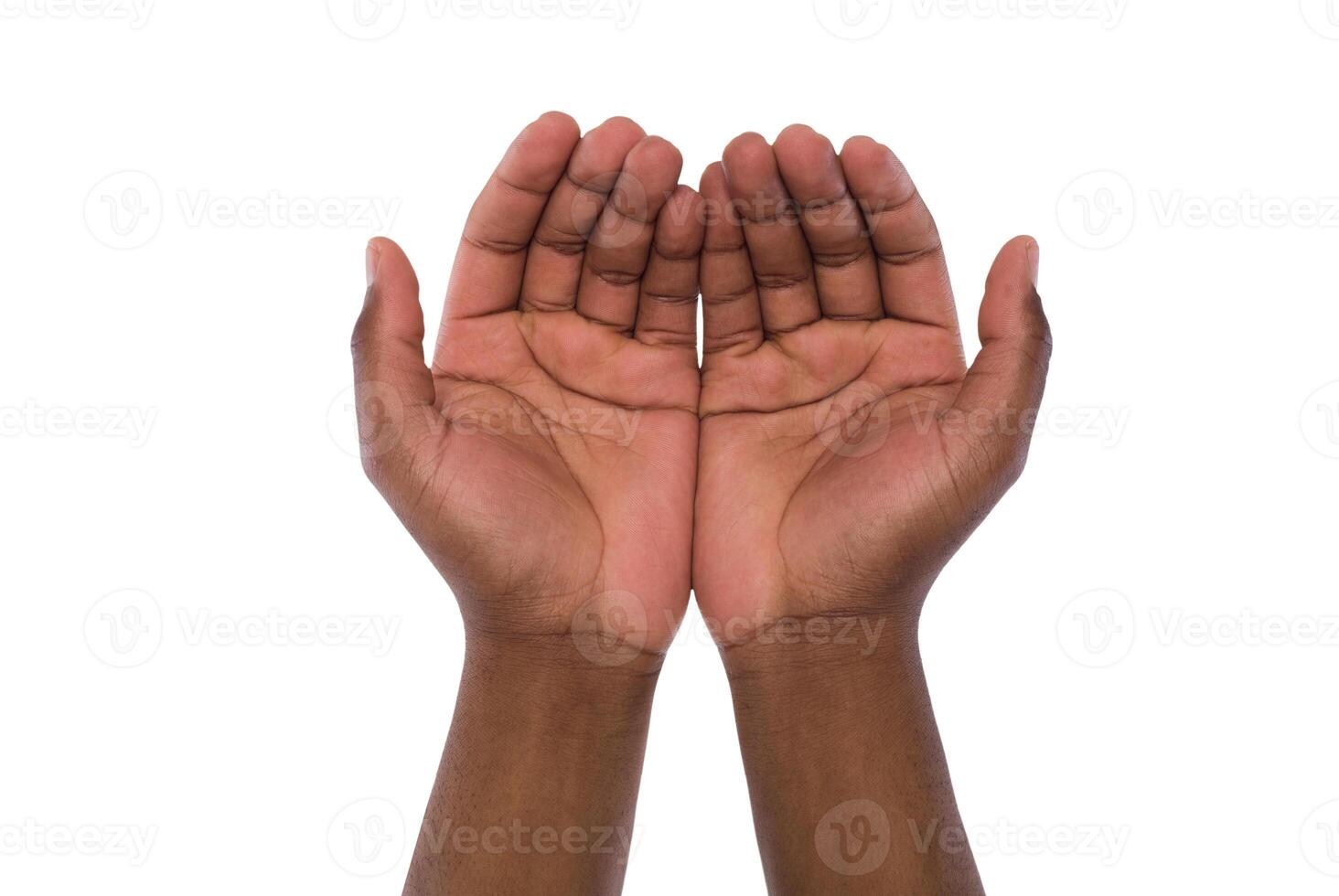 Two hand holding or offering something, isolated on white background. Open black male palms, handful gesture photo