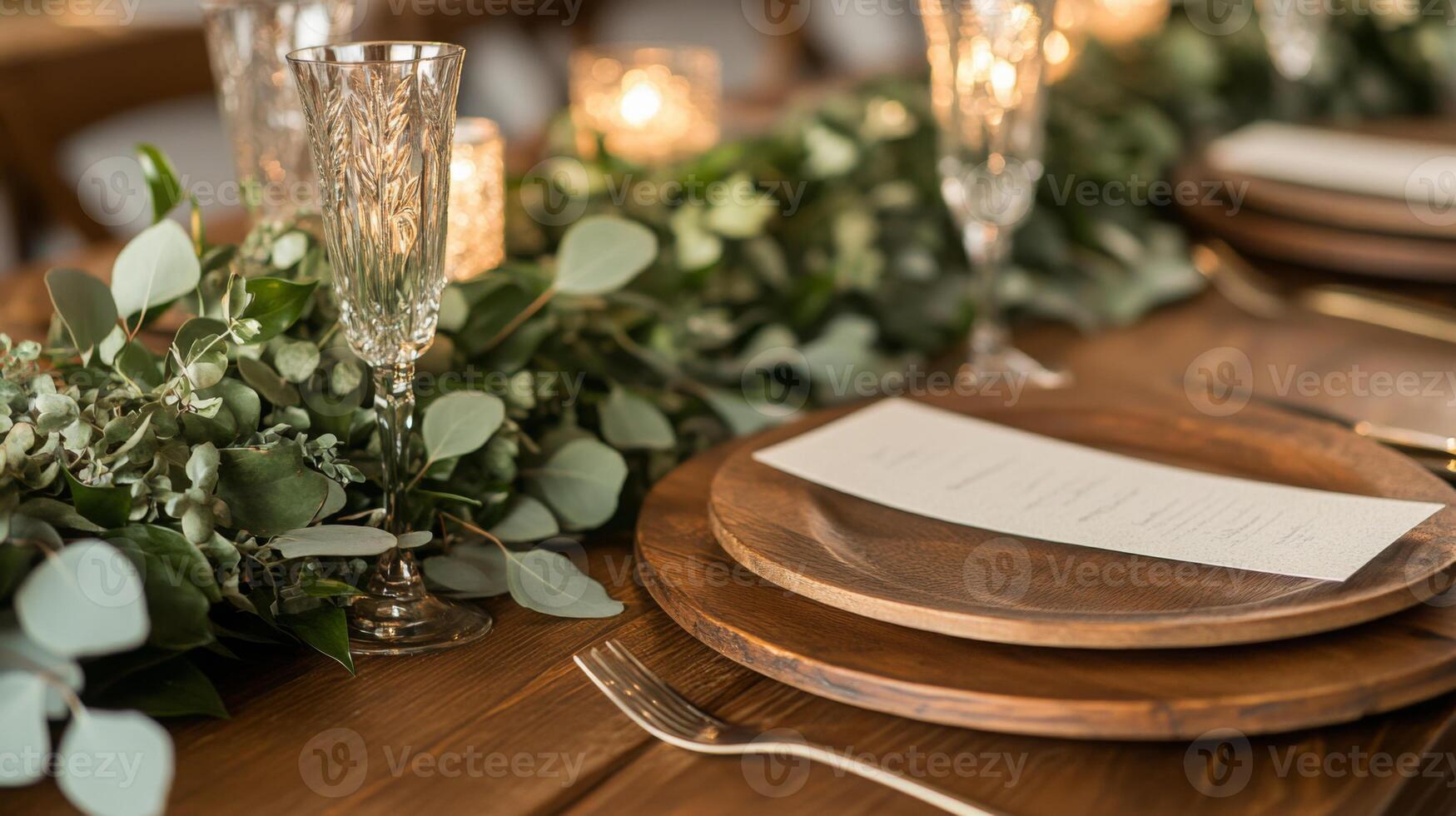 A beautifully arranged table featuring wooden plates, glassware, and eucalyptus greenery, illuminated by soft candlelight, perfect for a romantic dining experience. photo