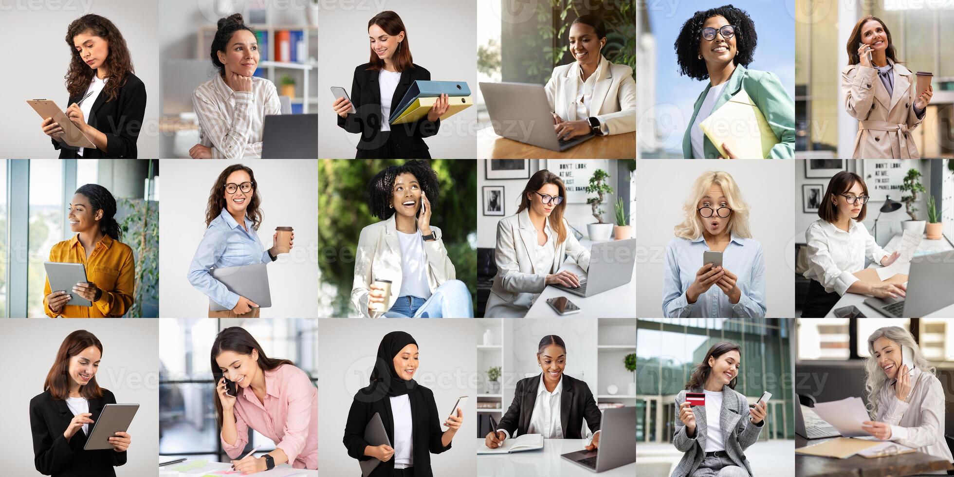 A diverse group of women is seen working in modern office settings, engaging in various professional activities. Some are focused on laptops, while others are busy on mobile devices photo