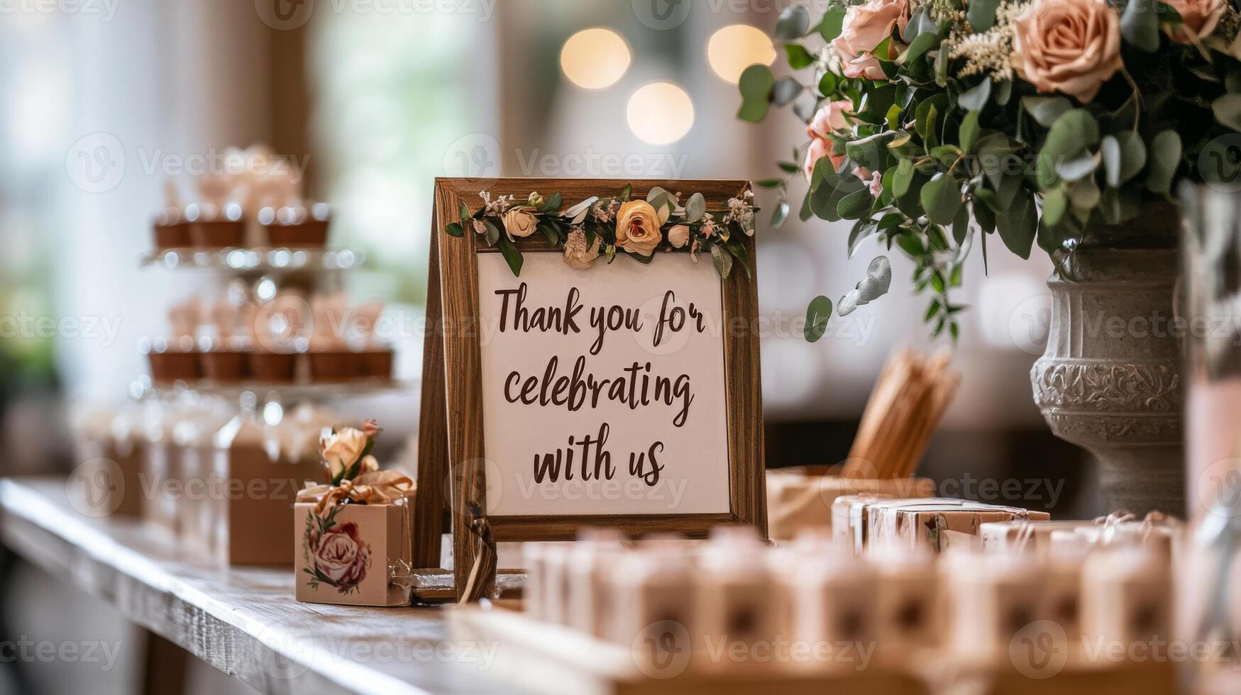 A beautifully arranged table features a sign expressing gratitude for the celebration, surrounded by desserts and floral decorations. photo