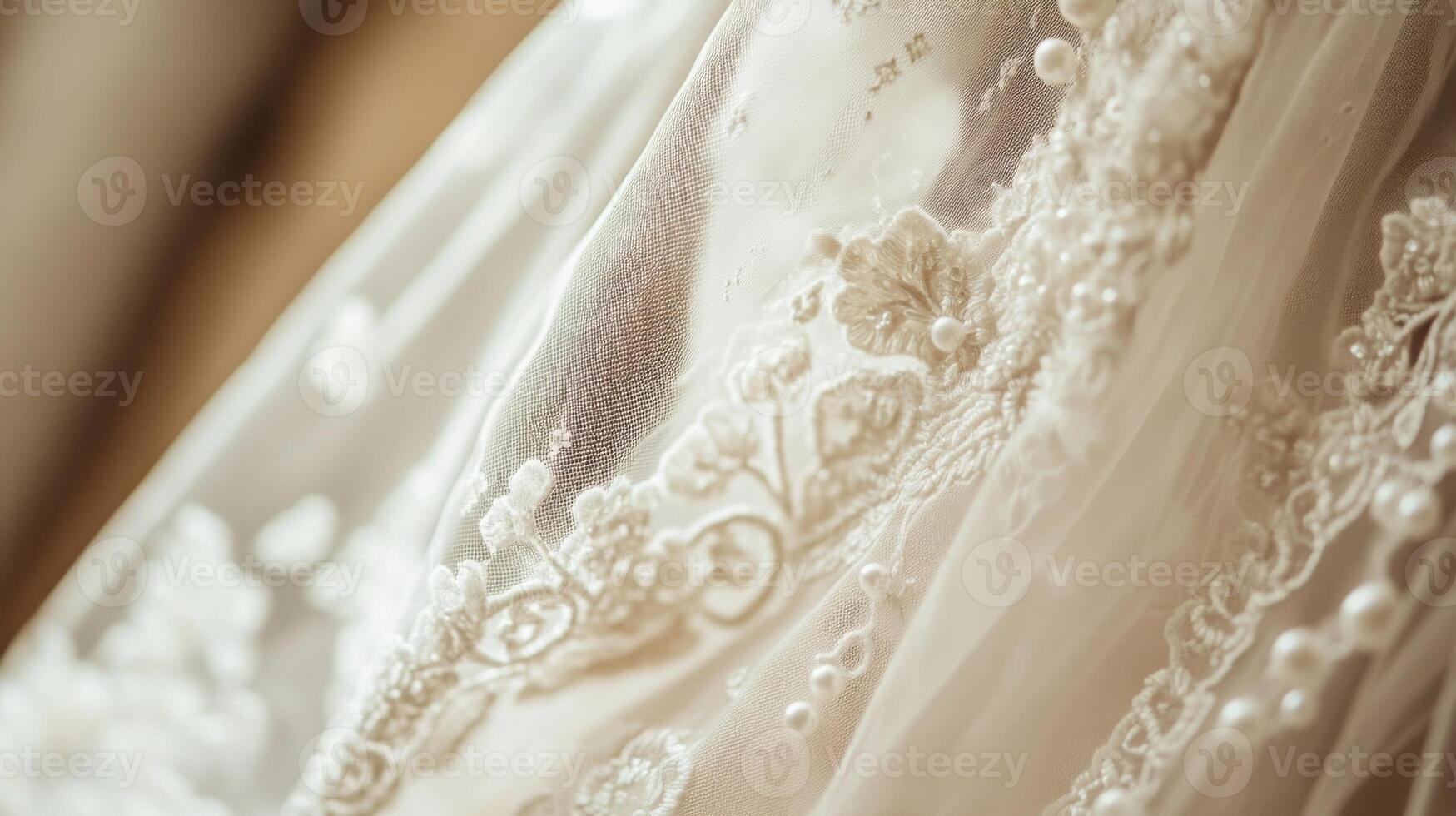 Delicate lace with intricate embroidery and pearl accents enhances the elegance of a wedding dress. photo