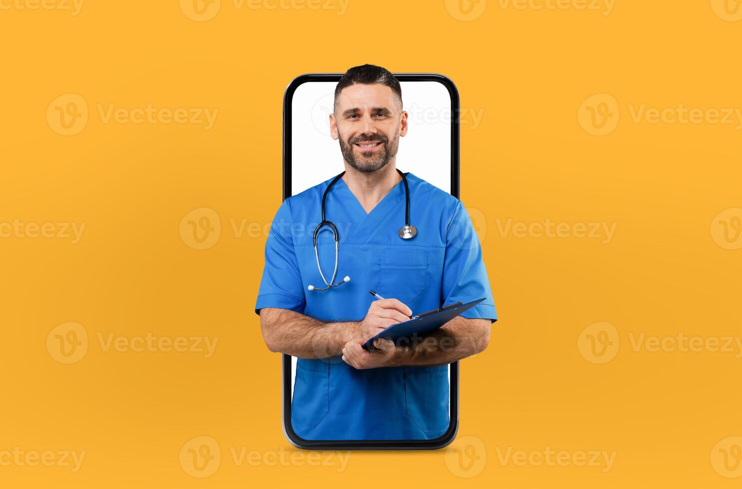 A middle aged man medical professional appears within a smartphone screen, engaging in a digital health consultation, inside a well-lit office photo
