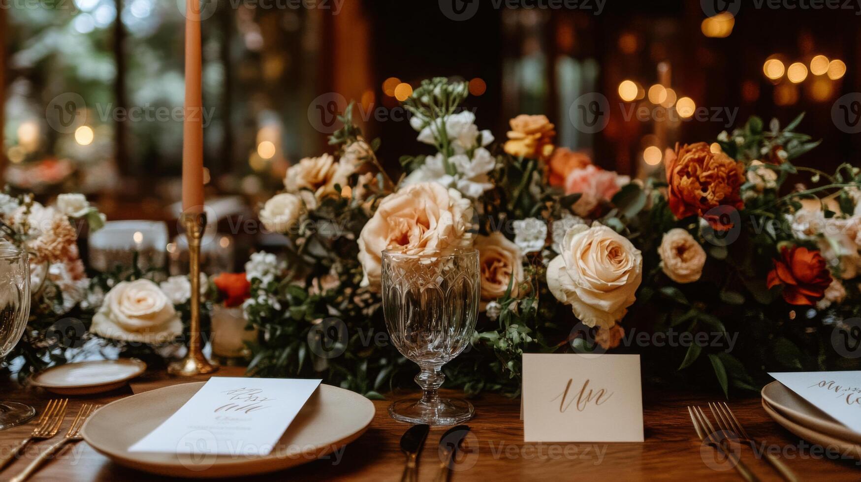 A beautifully arranged table features delicate floral decorations, candles, and elegant place settings, creating an inviting atmosphere for an evening event. photo