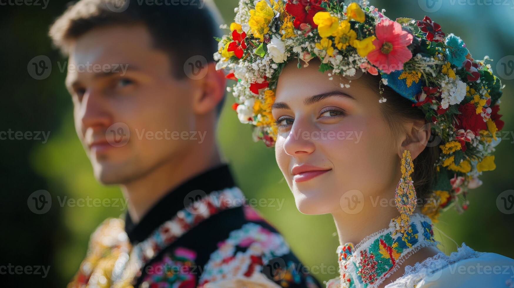 A young couple stands side by side, showcasing traditional attire with the woman wearing a vibrant floral headpiece during a festive outdoor event. photo