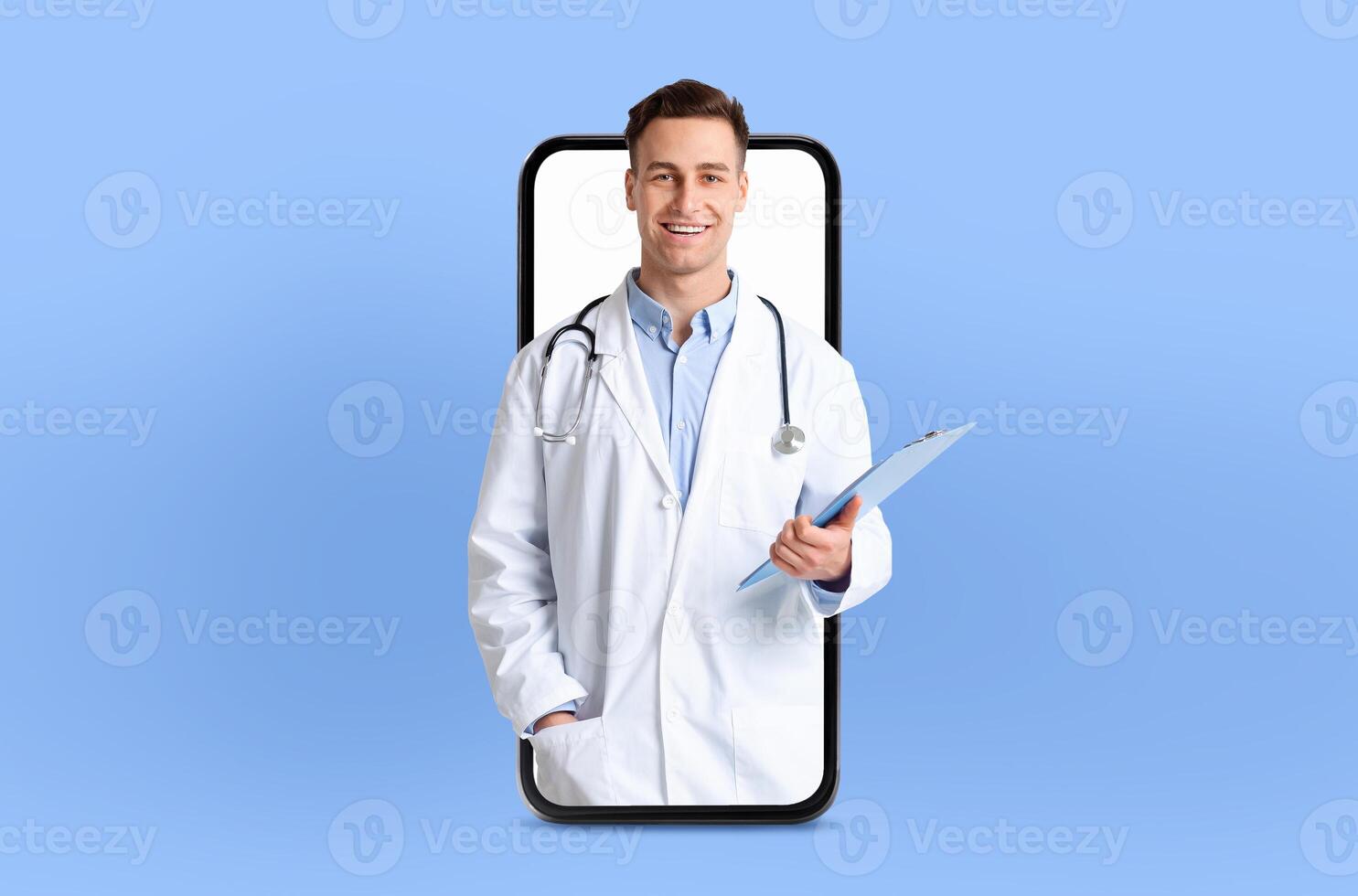 A young guy medical professional is shown on a telemedicine app within a smartphone, positioned in a professional yet approachable setting photo