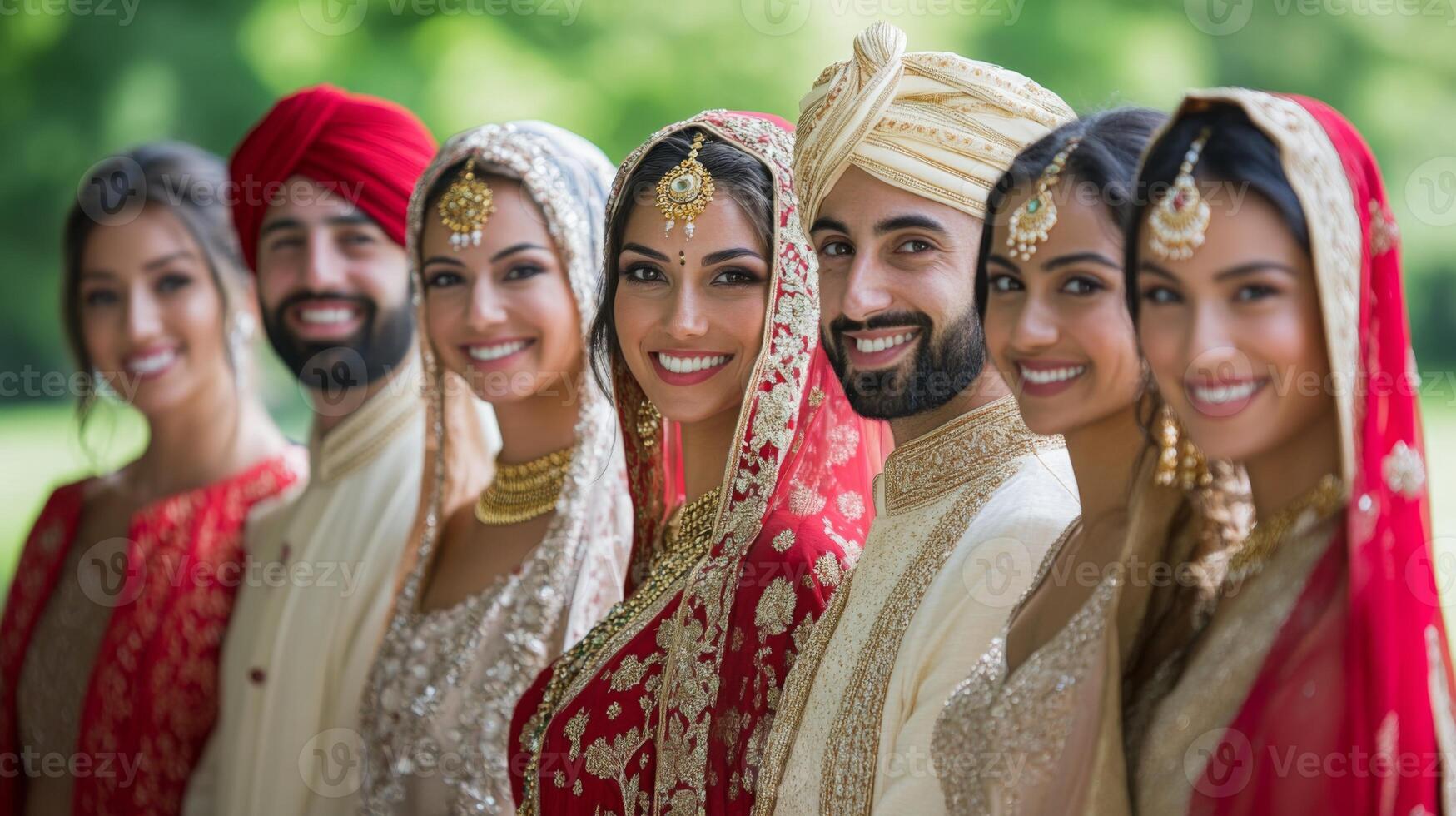 A joyful group of women and men dressed in vibrant traditional attire smiles for the camera during a wedding celebration in a lush outdoor setting. photo