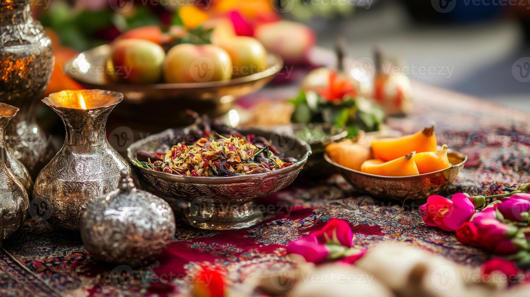 A beautifully arranged table showcases traditional dishes, fruits, and floral decor during a cultural celebration highlighting rich heritage and festive spirit. photo