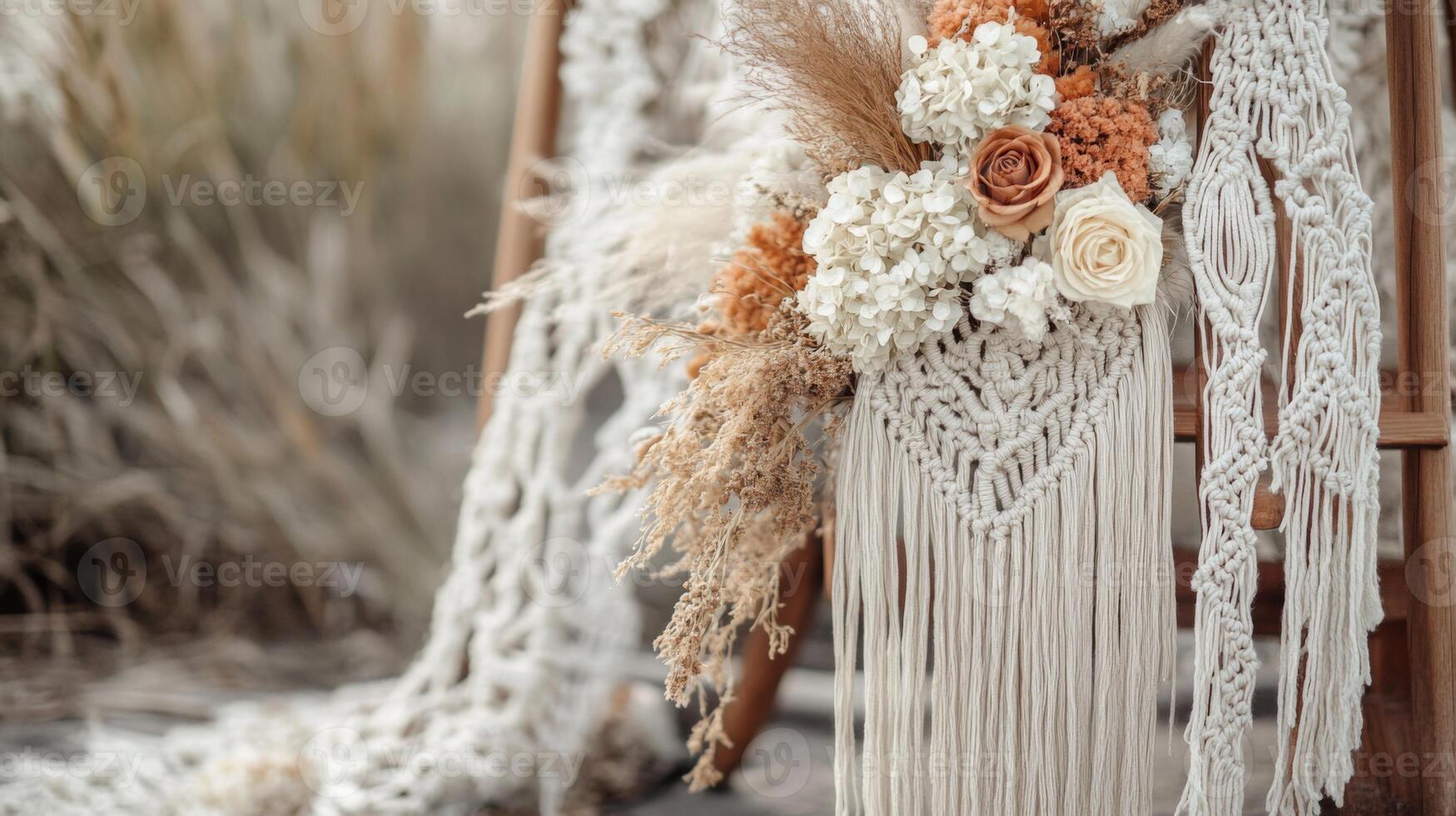 A beautifully crafted macrame wall hanging adorned with an arrangement of dried flowers captures the warmth of dusk. photo