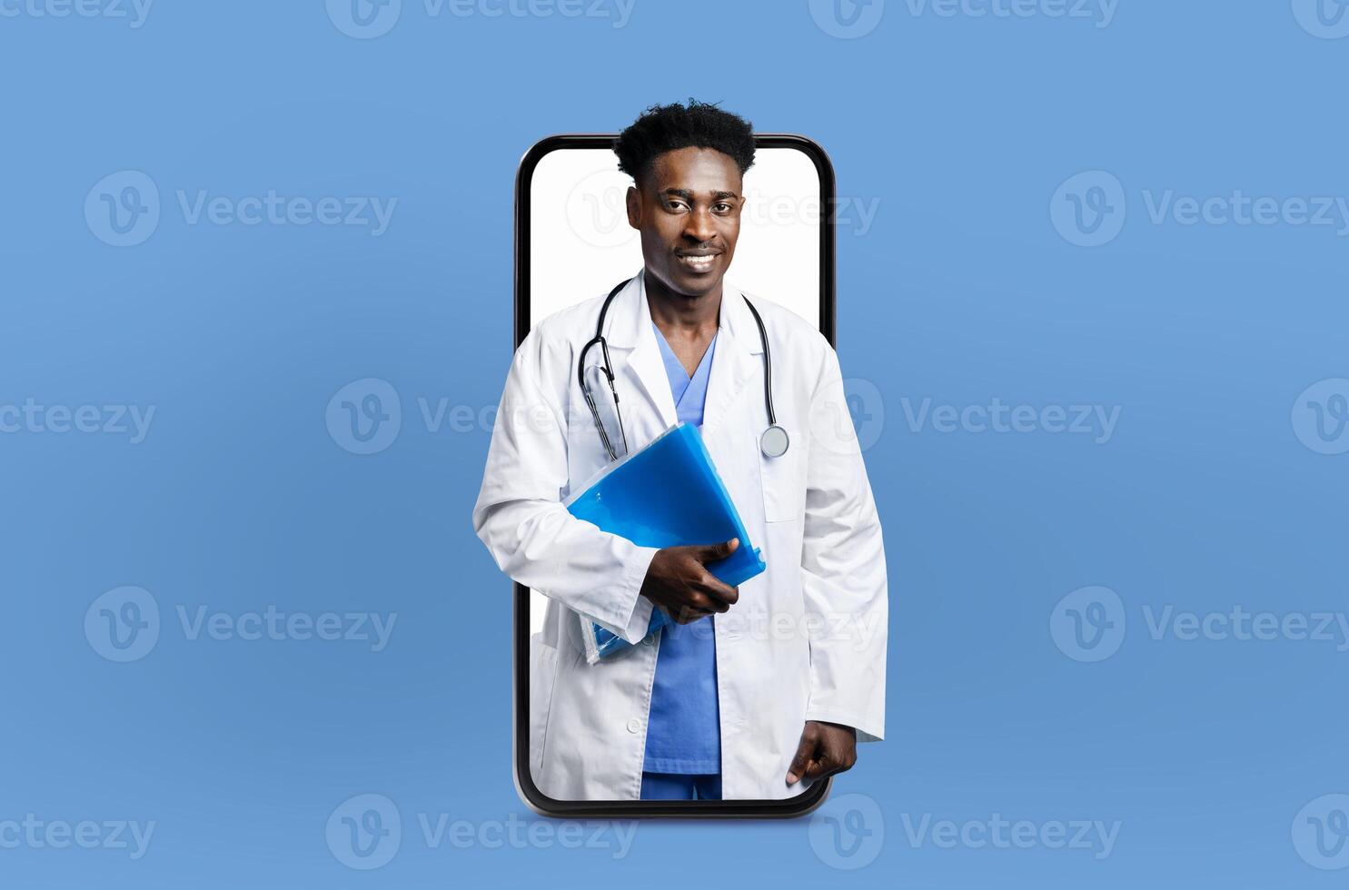 Black man doctor is seen holding a clipboard with medical notes displayed on a smartphone screen. The doctor appears engaged in reviewing or updating patient information using digital technology. photo