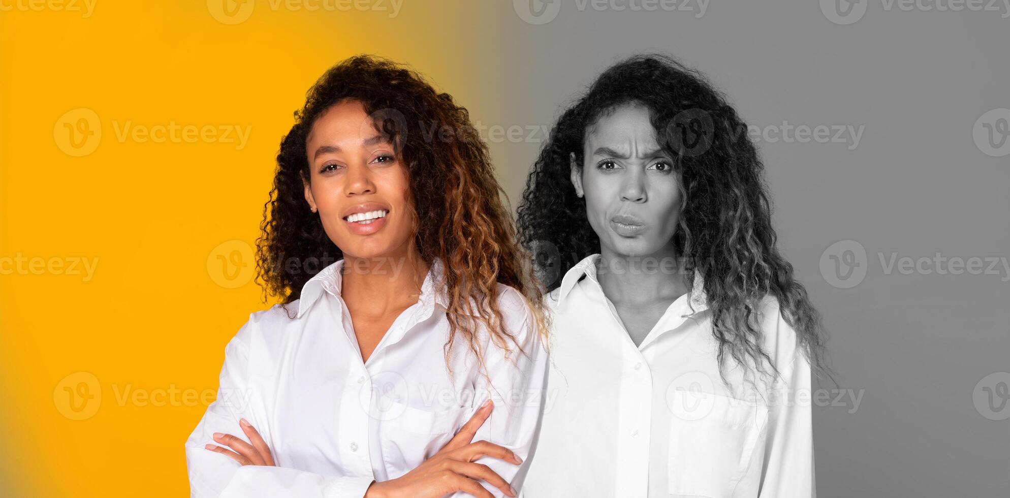 African American woman stands confidently on the left, smiling warmly, while her expression shifts to contemplation on the right. The contrasting background colors emphasize the duality of emotions photo
