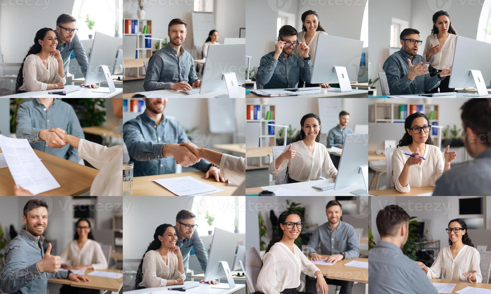 A group of professionals participates in a series of discussions and collaborative activities within a modern office environment. They engage in conversations, share documents photo