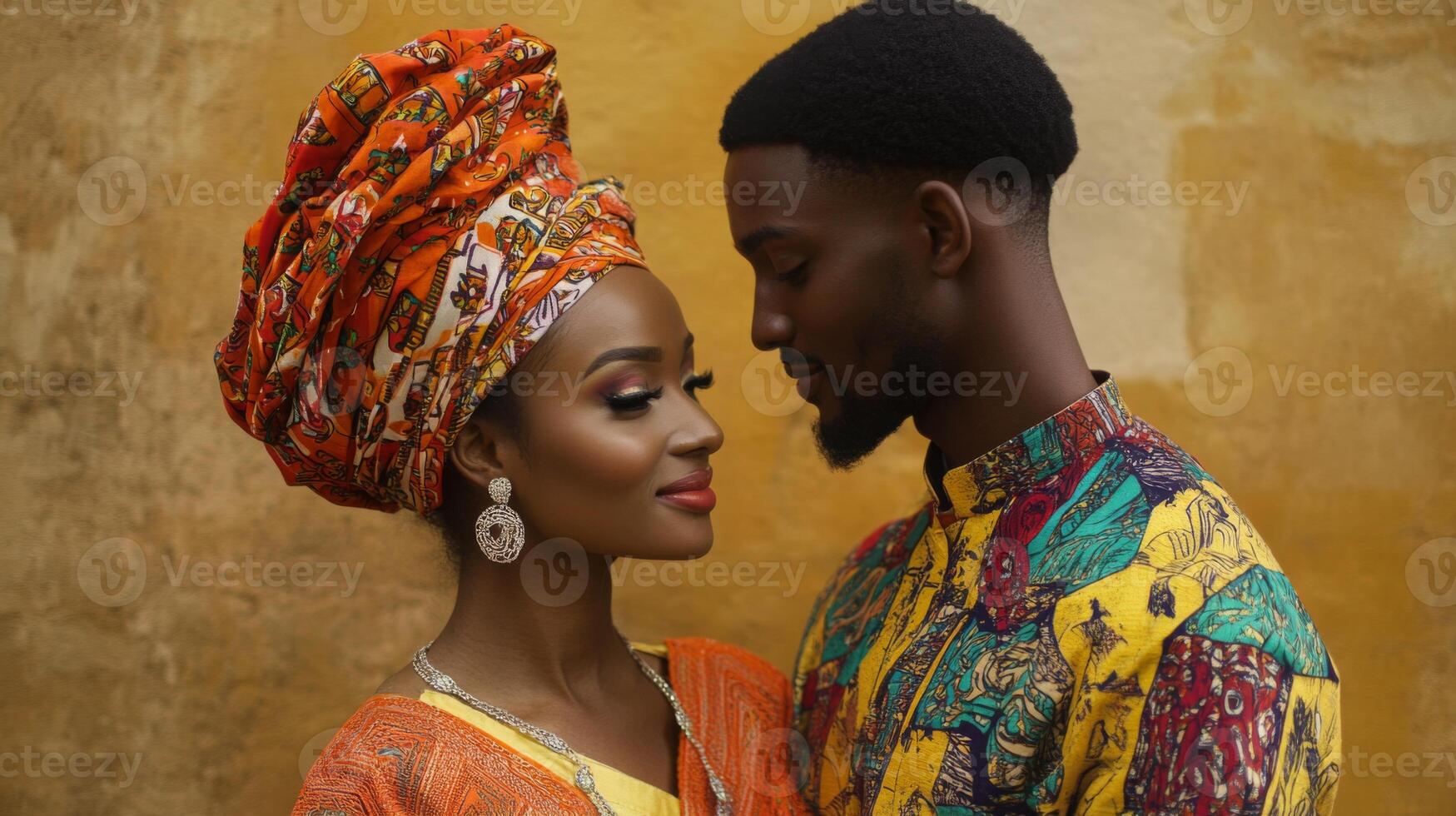 A couple dressed in vibrant traditional outfits stands close, exchanging a tender gaze, illuminated by warm light. photo