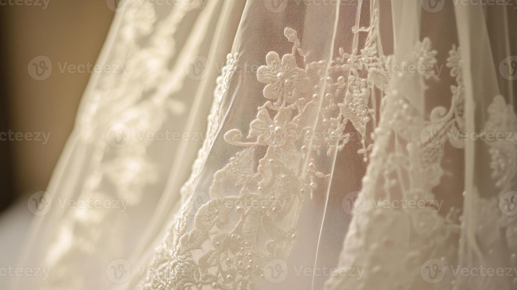Delicate lace adorns a wedding veil, highlighting the intricate floral patterns glimmering softly in ambient light. photo