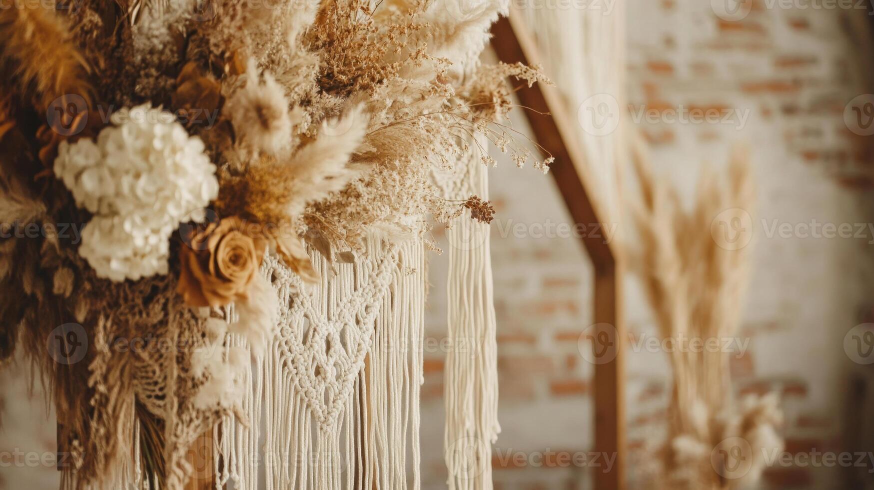 A stunning floral arrangement featuring dried flowers and greenery is showcased against a rustic backdrop with macrame details. photo