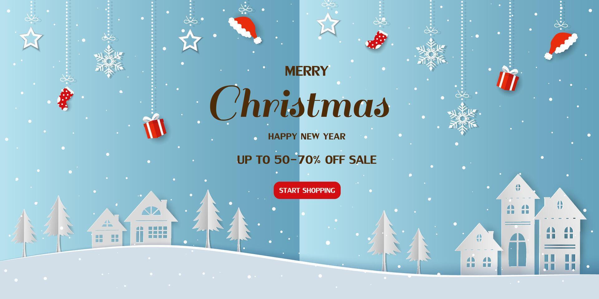Merry Christmas and Happy new year sale horizontal background on paper art style vector