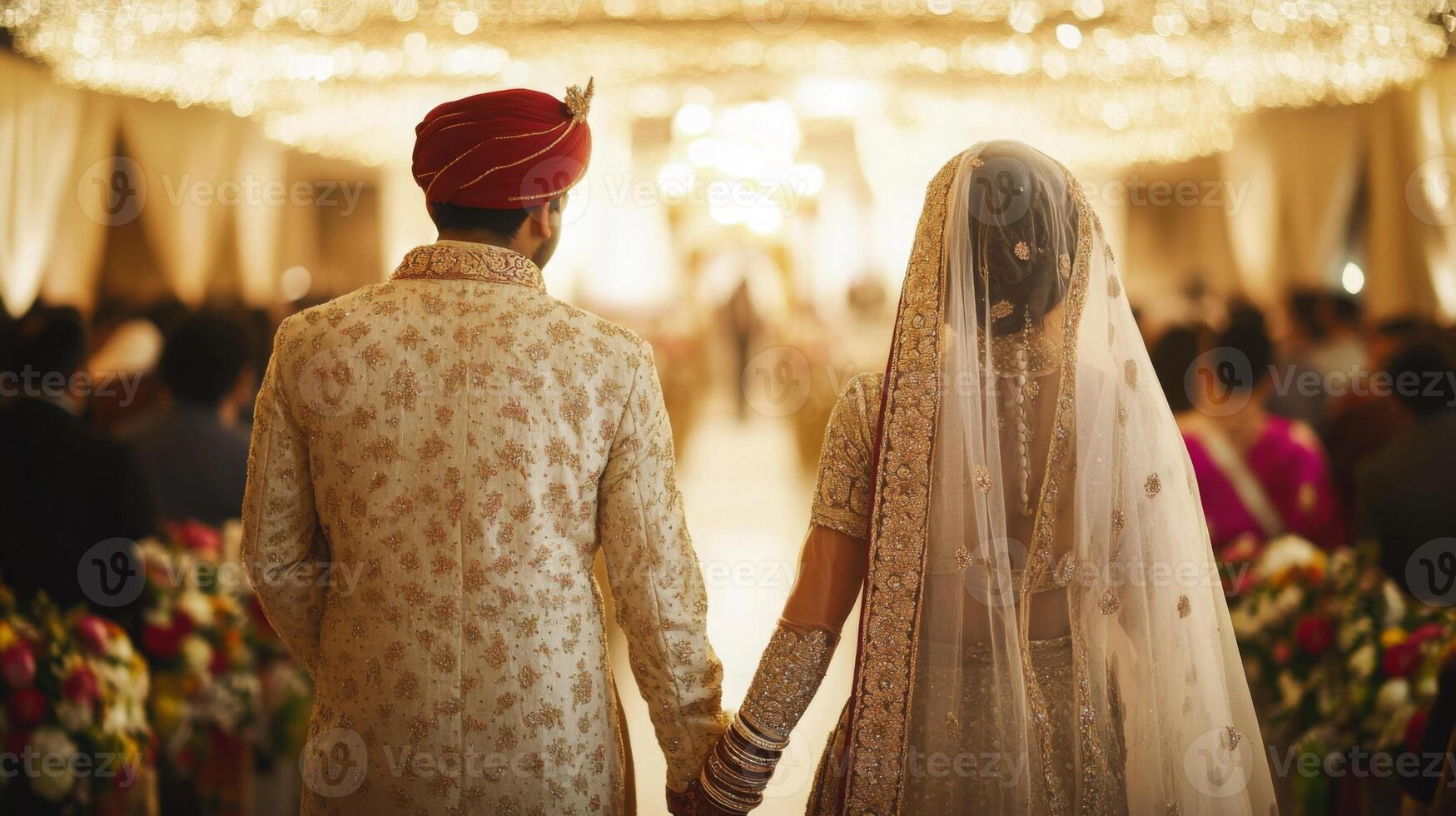 A couple stands together, holding hands during their wedding ceremony in a beautifully decorated indoor venue filled with soft lighting and floral arrangements. photo