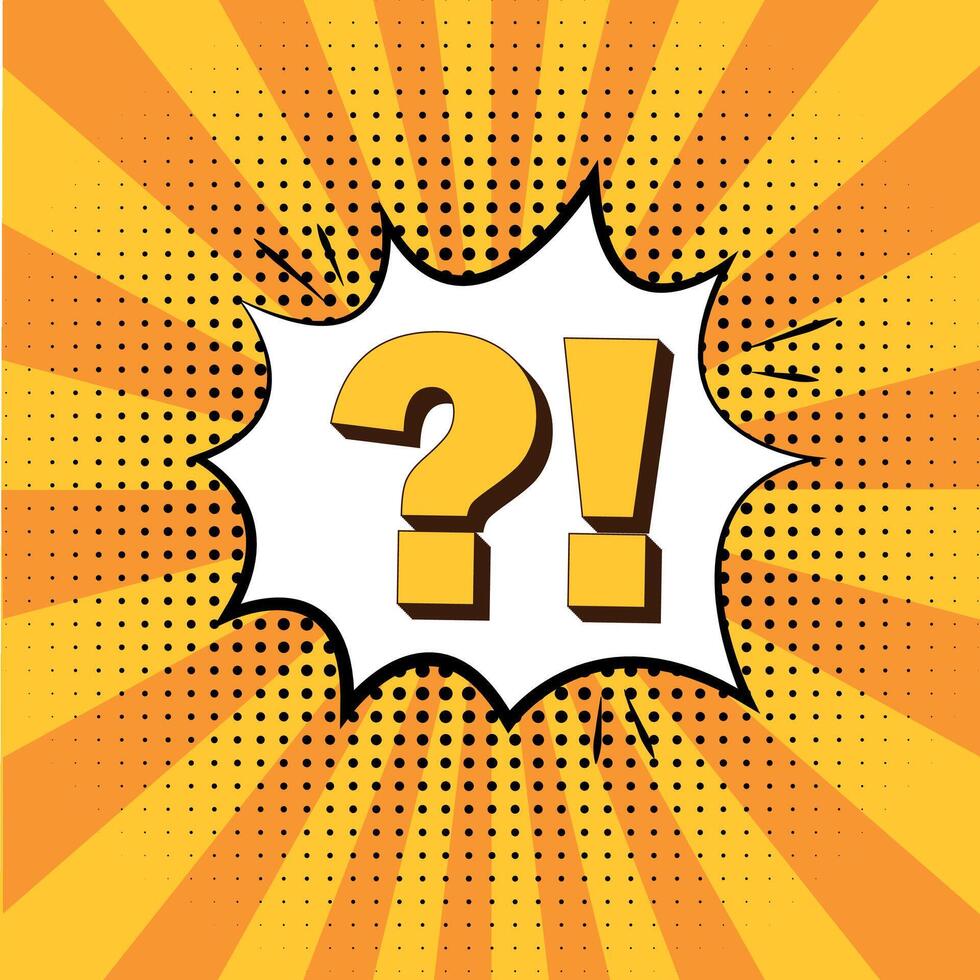 Comic style question and exclamation marks in speech bubble on vibrant orange background with halftone effect. vector