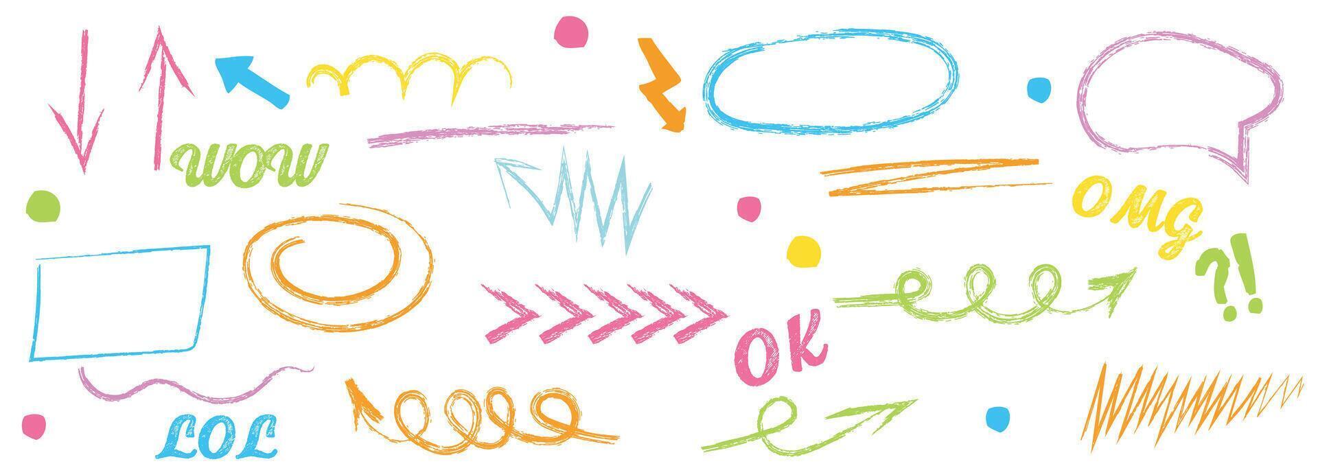 Doodle crayon pencil color brush hand drawn chalk element set. Scribble pastel texture brush stroke kid square, spiral, arrow element hand drawn sketch design. Crayon pencil style. vector