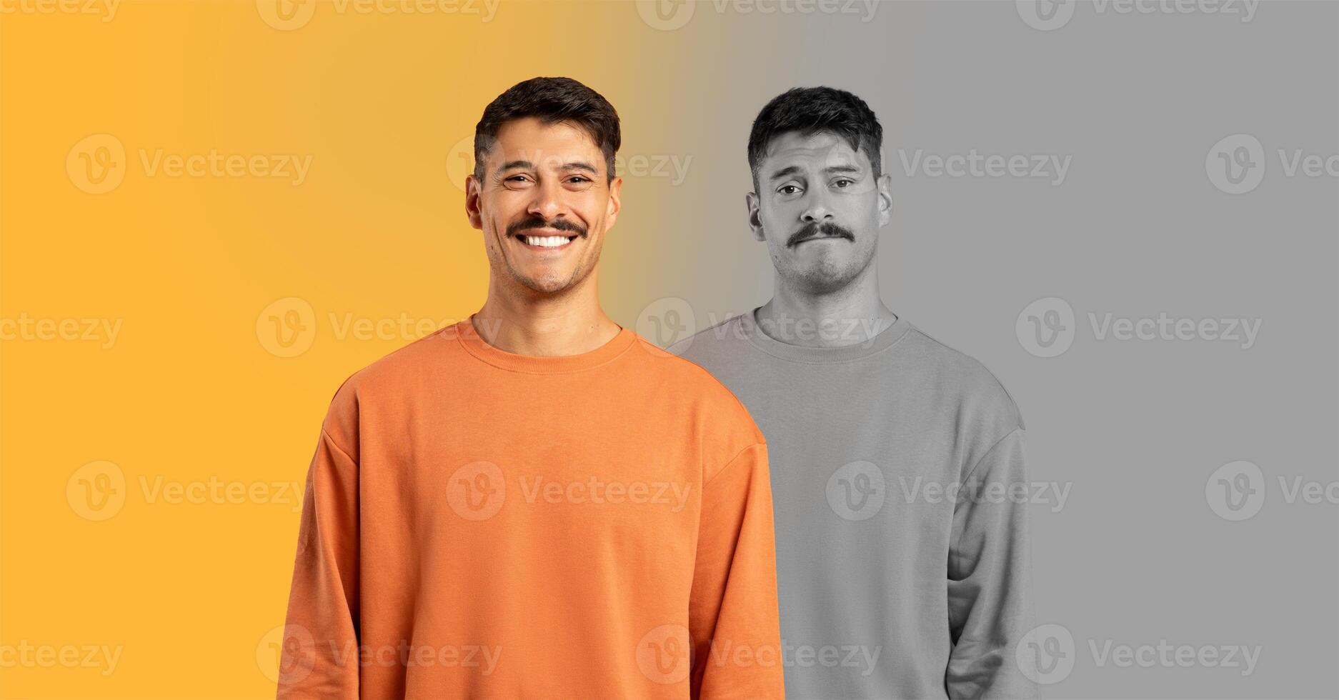 A cheerful man stands confidently with a smile while wearing an orange sweater, contrasting sharply with a monochrome version of himself. The background is split between a warm yellow and gray photo