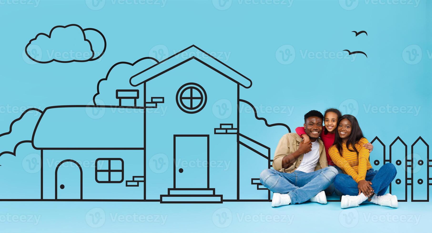 Cute black family sitting on the ground, attentively looking at a detailed drawing of a house. The individuals are engaged in a discussion, possibly analyzing the architectural features of the sketch. photo
