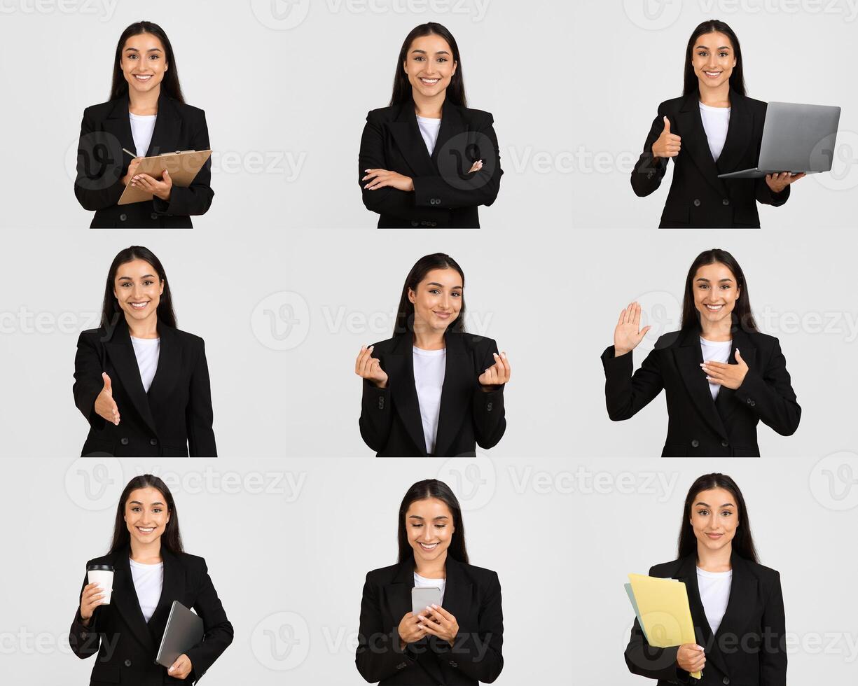 A professional woman is depicted in a studio, showcasing a range of business activities. She smiles confidently while holding a clipboard, laptop, and coffee cup photo