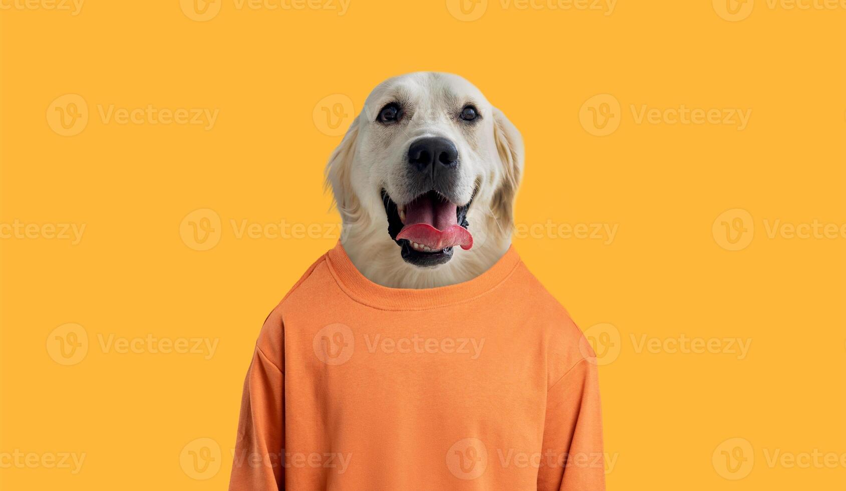 A cheerful golden retriever sits proudly, wearing a bright orange sweater that contrasts vividly with the yellow background. The dog's expression radiates joy, showcasing its playful nature. photo