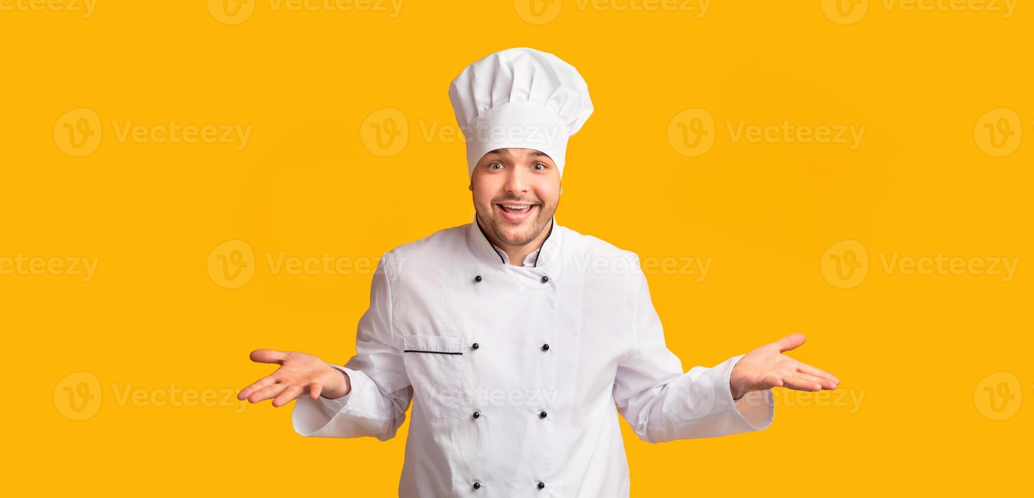 Chef Guy Juggling Vegetables Throwing Sweet Peppers In Air Standing Over Yellow Background. Panorama photo