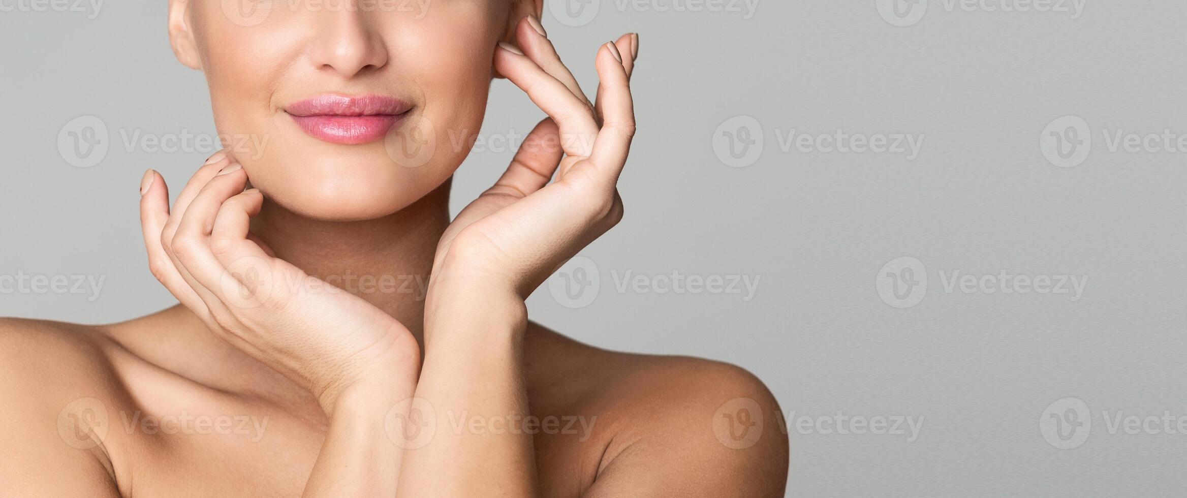 Skin Care. Girl with Naked Shoulders Posing To Camera Over Grey Background, Crop, Panorama photo