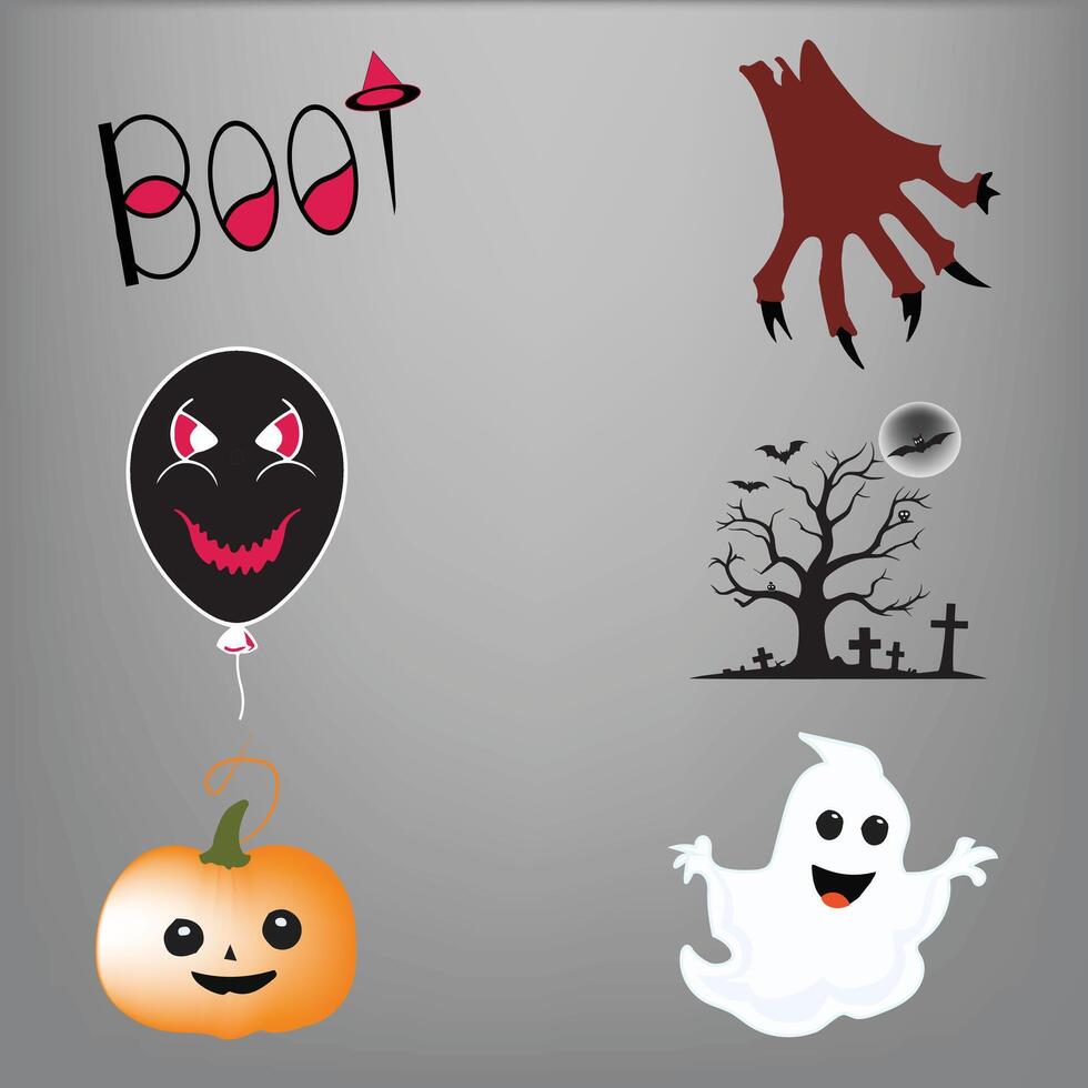 Holiday Halloween set of themed decorative elements for design. Cartoon style. Pumpkin, horror tree, ghost, text Boo, illustration vector