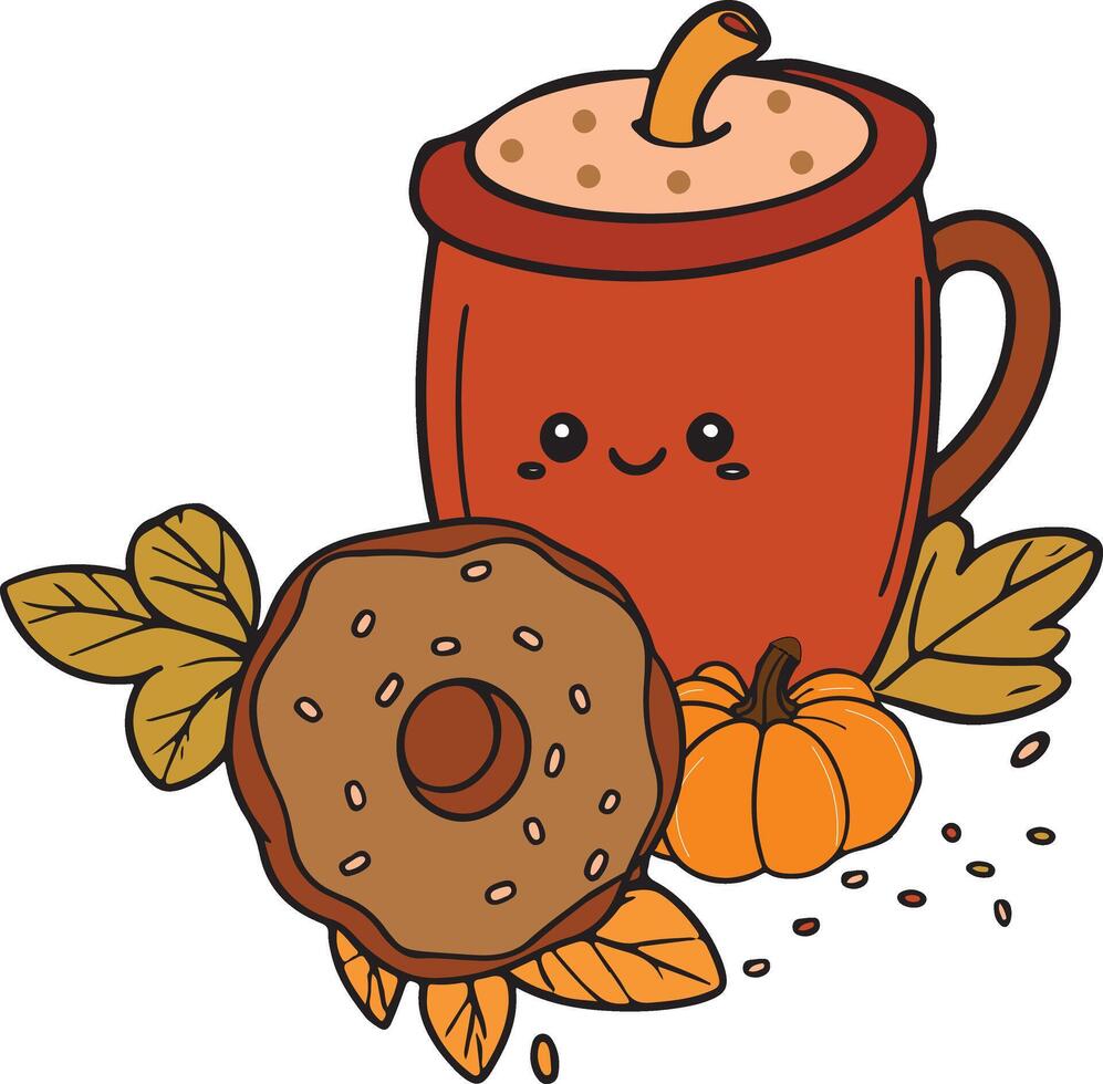 Pumpkin spice coffee mug with donut and pumpkin. Pumpkin spice season illustration. vector