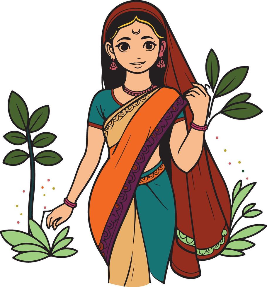 Asian women wearing saree, cover head with saree illustration vector