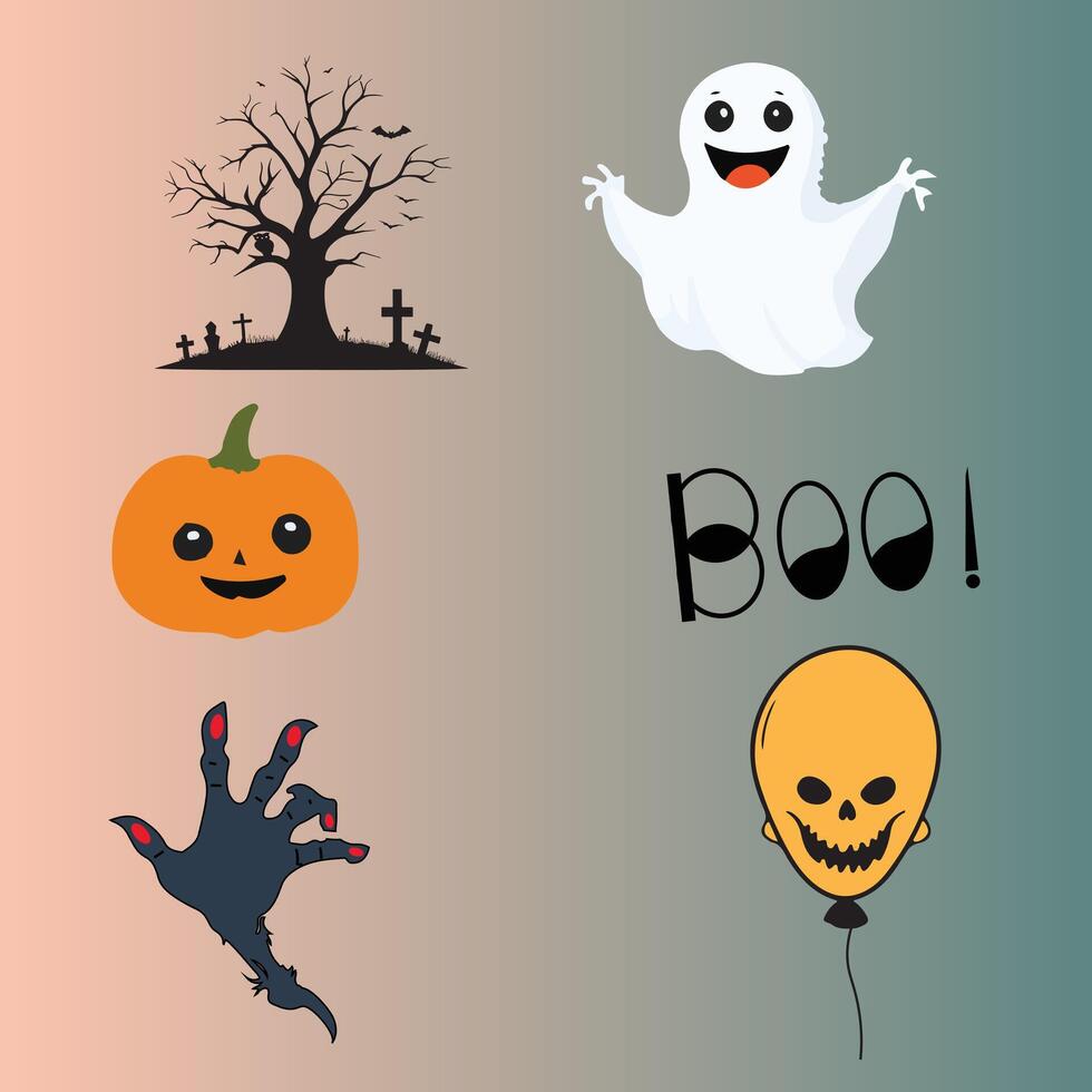 Holiday Halloween set of themed decorative elements for design. Magic tree, pumpkin evil face, cute ghost, Boo text. Balloon illustration vector