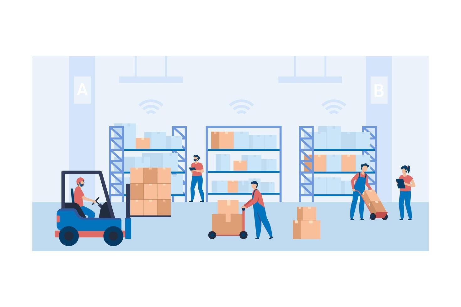Warehouse Workers Managing Inventory and Operating Forklifts for Efficient Logistics Operations. vector