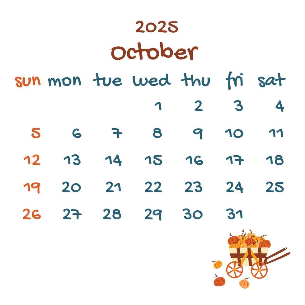2025 october calendar with cart with pumpkins. vector
