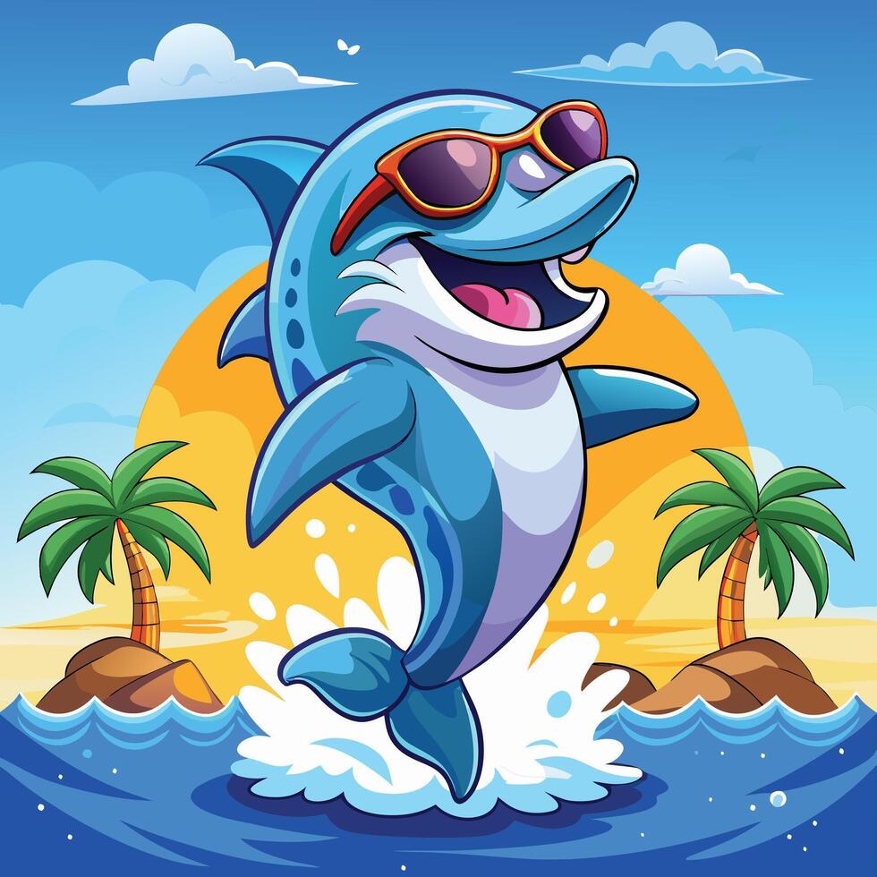 Dolphin jumping in the water with palm trees and palm trees vector