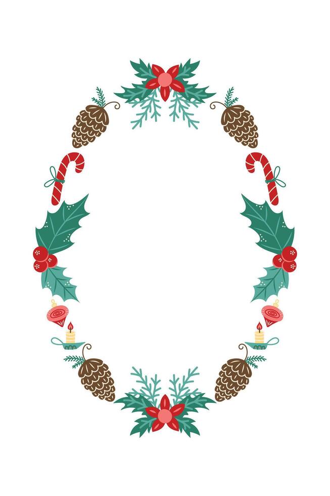 Oval Christmas Frame with Poinsettia. Winter frame with empty space for text. Christmas and New Year. Isolated illustration. vector