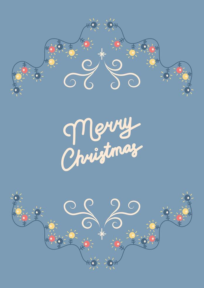 Merry Christmas card with garlands and ornate ornament. Greeting card on light blue background. Christmas and New Year. illustration. vector