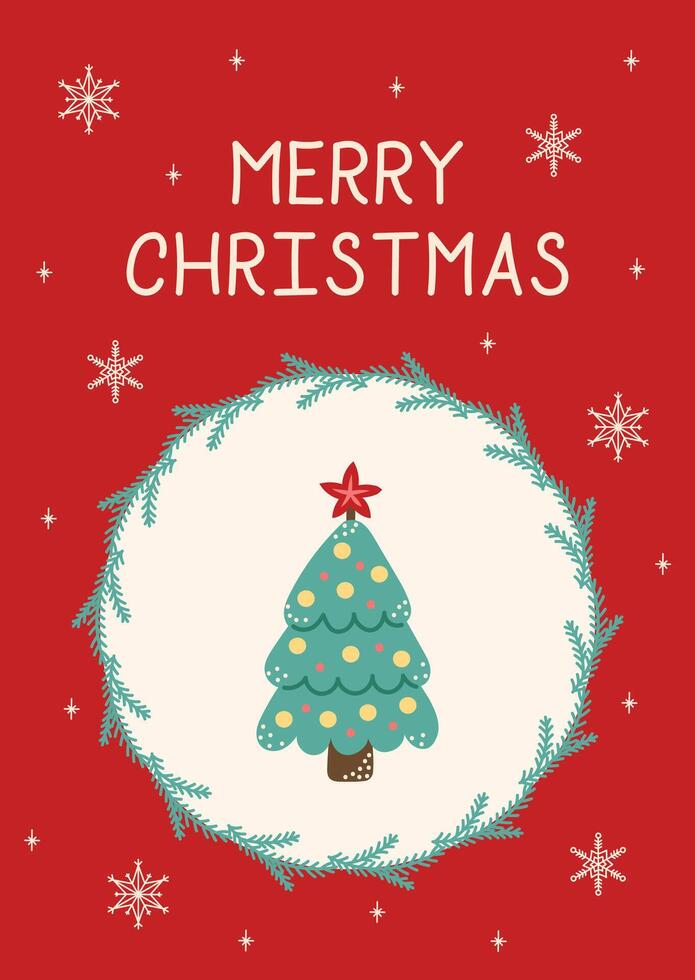 Christmas Card Christmas Tree. Greeting card on light beige background and red frame. Christmas and New Year. illustration. vector