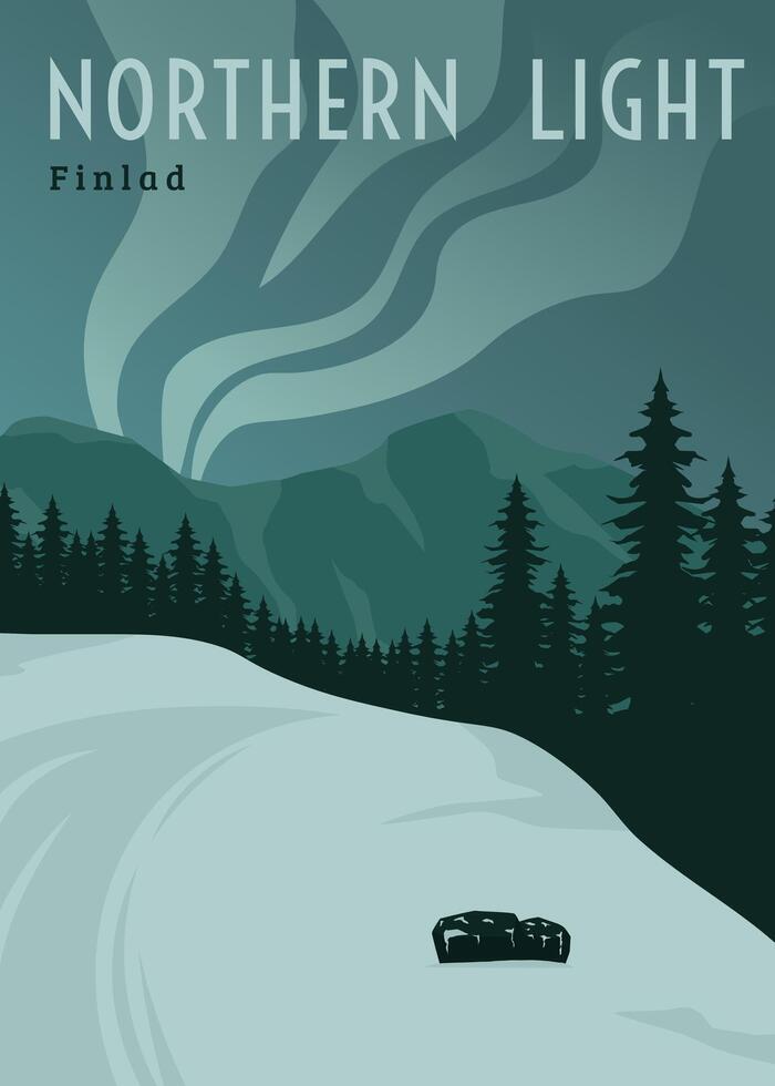 view of mountains and northern lights in finland, landscape poster illustration design vector