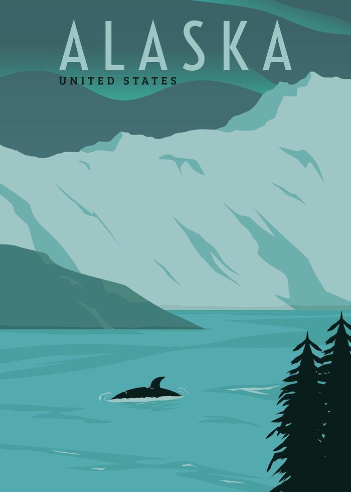 mountain and lake views in alaska, landscape poster illustration design. vector