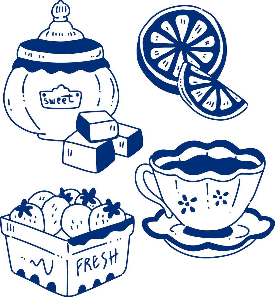 hand drawn cute doodle objects for tea time. vector