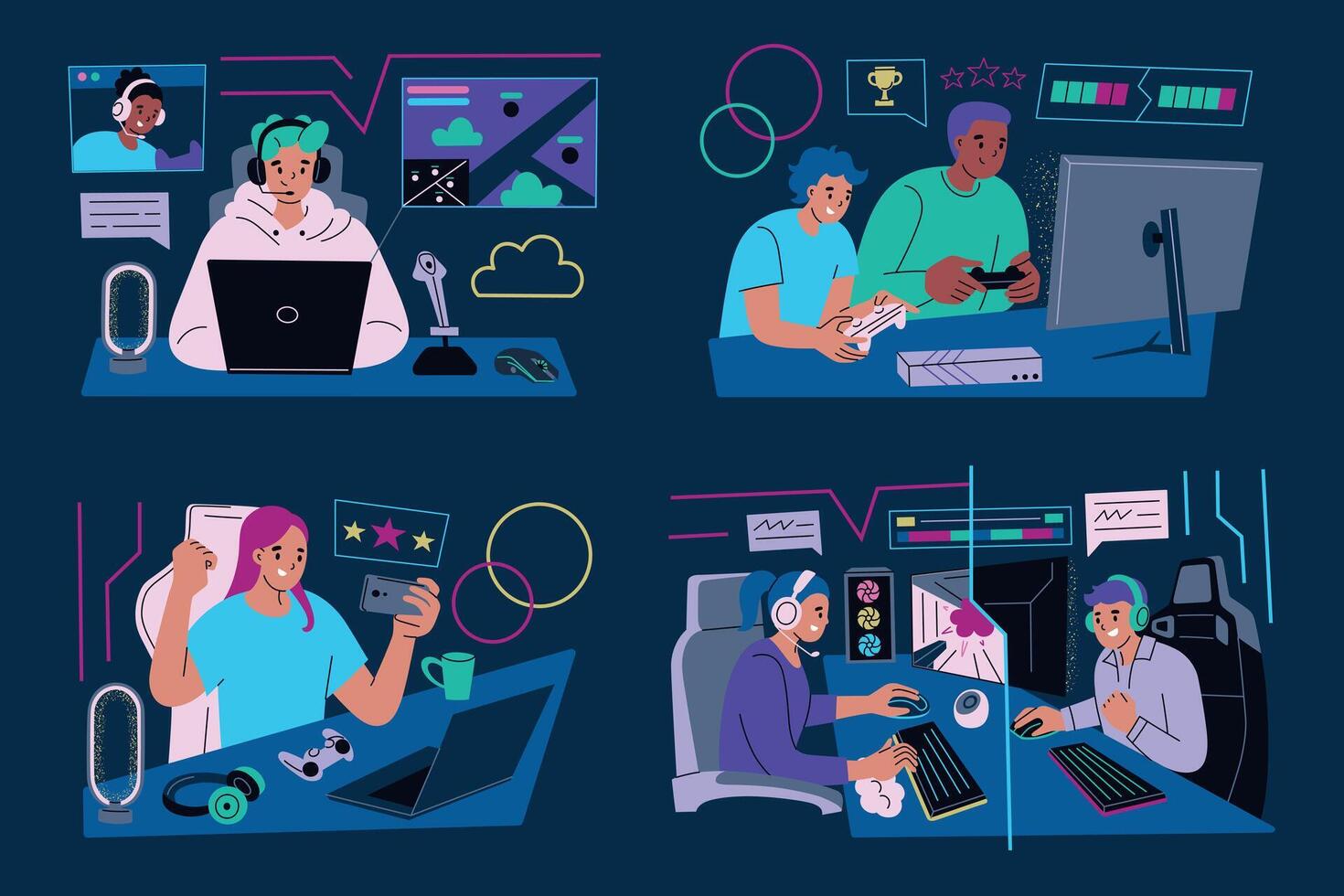 Gamers playing games and streaming. Flat cartoon style with doodle icons of consoles, computers, controllers. Online gaming and teamwork. Esports, technology projects, gamer room setups vector