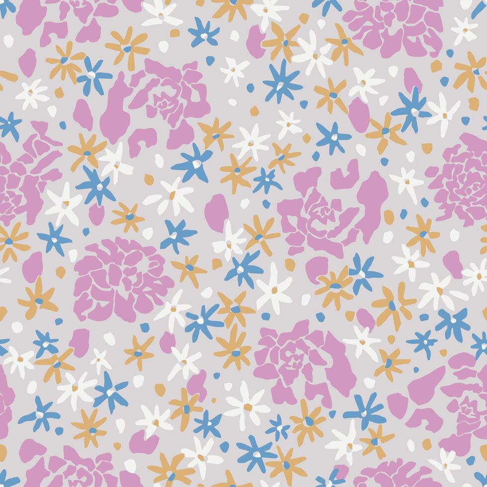 Rose with ditsy floral illustration seamless repeat pattern vector