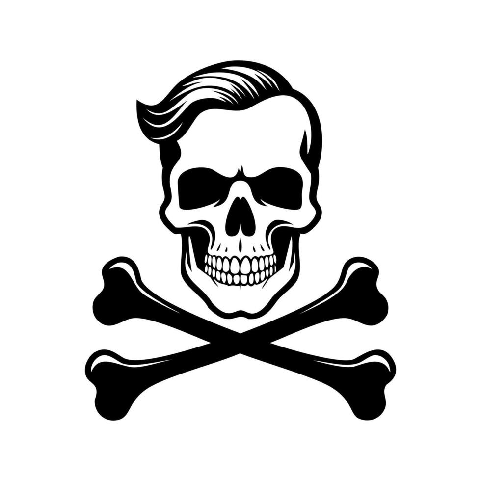 A skull and crossbones logo with a man's hair vector