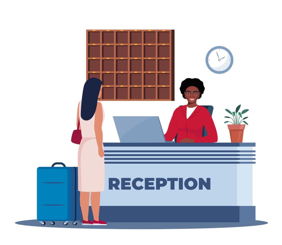 Hotel lobby, reception. Black woman receptionist behind the desk, guest with baggage checking in. Hotel Arriving. Tourism, business trip concept. Interior of inn. illustration. vector