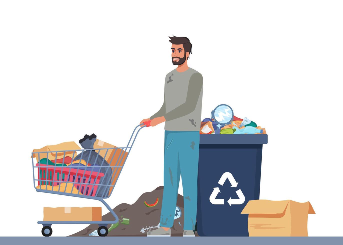 Homeless vagrant person looking for food and things in dirty trash can. Ragged vagabond. Homeless man pushing trolley cart with belongings. Guy walking street begging for help. Beggar. . vector
