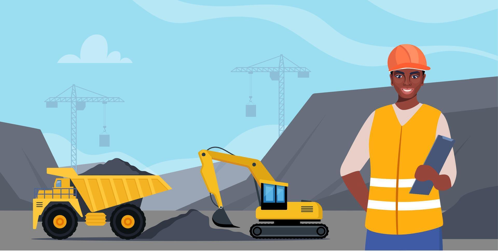 Excavator and dump truck working at coal mine. Open pit mine or quarry, extraction machinery. African American Woman engineer in orange protective helmet on the foreground. illustration. vector