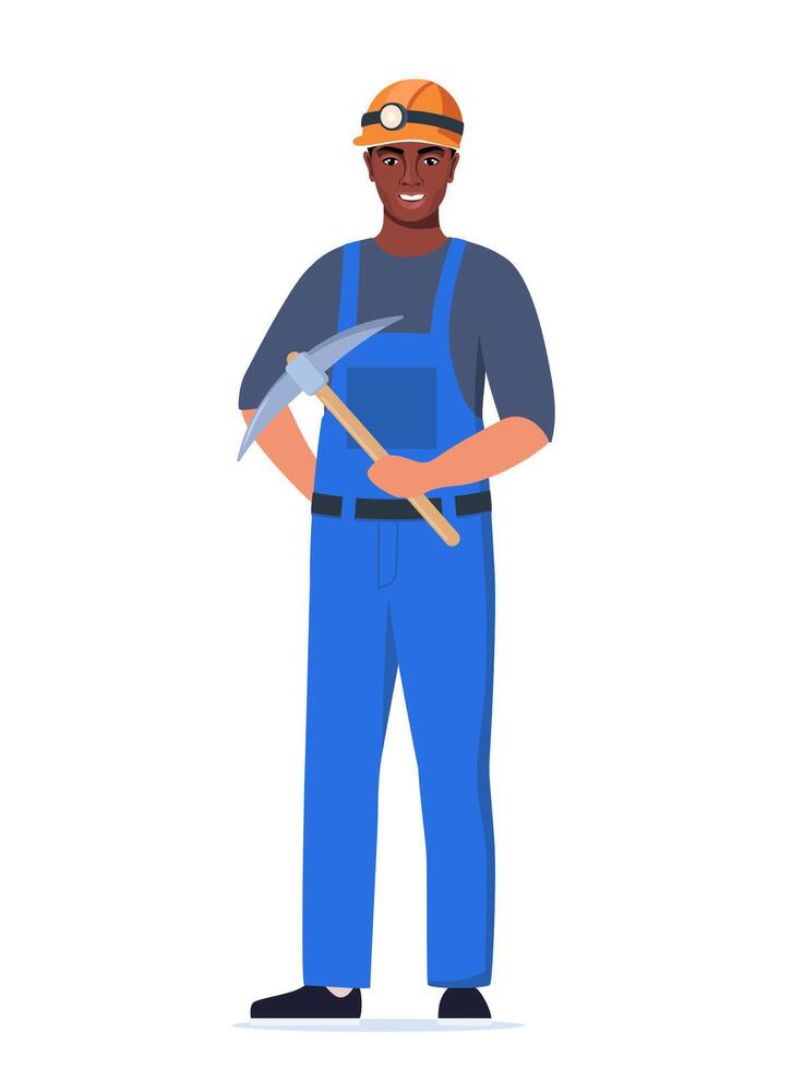 Miner African American man character, coal or minerals mining, Worker in uniform with pickaxe stands tall. Extraction Industry Profession Working. Illustration. vector