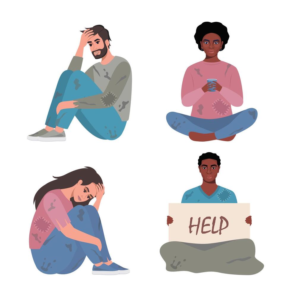 Homeless men and women, set. Bums in ragged clothes sitting on ground begging money. Unemployed characters asking support in trouble situation, begging. illustration. vector
