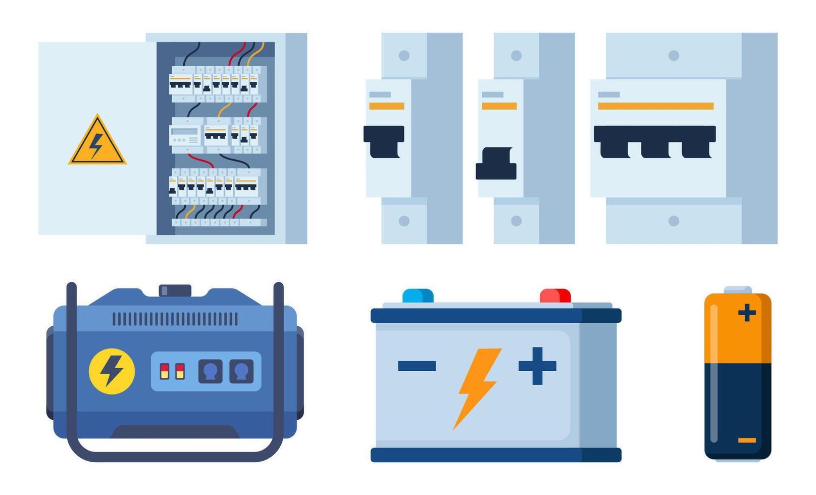 Electric equipment set. Portable electric power generator. Electrical panel with switches, automatic circuit breaker. Battery, light bulb. Technology, electricity, energy concept. . vector